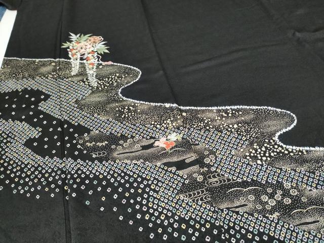 平和屋着物●訪問着 絞り 刺繍 草毬文 黒地 金彩 さが美扱い 正絹 逸品 CABJ5069hy