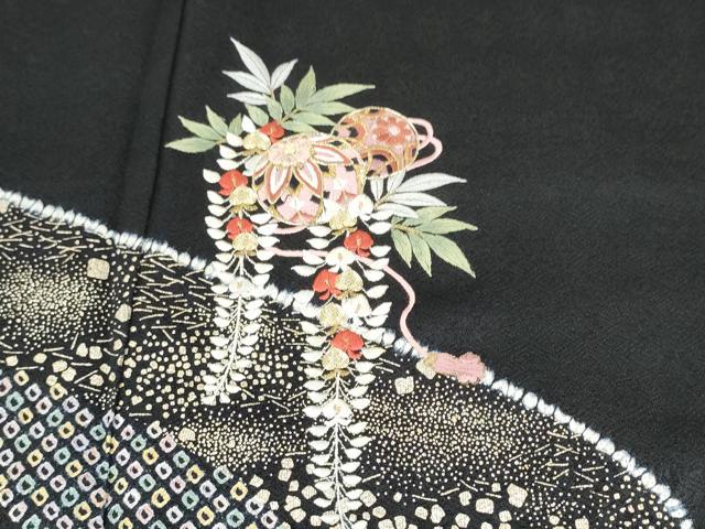 平和屋着物●訪問着 絞り 刺繍 草毬文 黒地 金彩 さが美扱い 正絹 逸品 CABJ5069hy