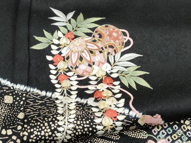 平和屋着物●訪問着 絞り 刺繍 草毬文 黒地 金彩 さが美扱い 正絹 逸品 CABJ5069hy