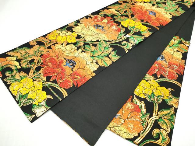平和屋着物●六通柄 本袋帯 牡丹唐草文 黒地 金糸 正絹 逸品 CABJ5152hy