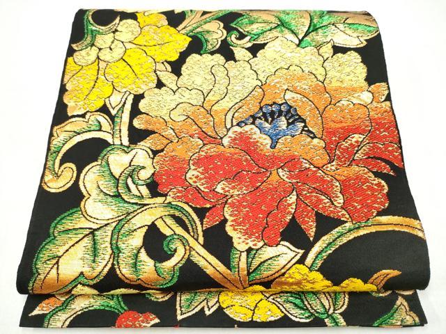 平和屋着物●六通柄 本袋帯 牡丹唐草文 黒地 金糸 正絹 逸品 CABJ5152hy