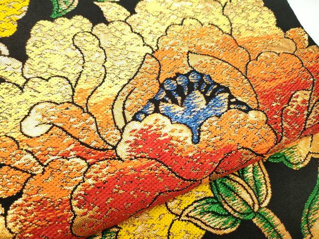 平和屋着物●六通柄 本袋帯 牡丹唐草文 黒地 金糸 正絹 逸品 CABJ5152hy