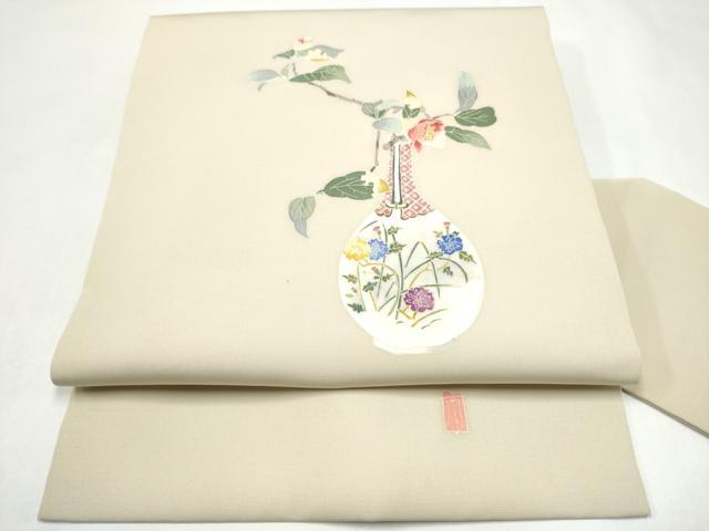 平和屋着物●本加賀友禅作家 柿本市郎 塩瀬 九寸名古屋帯 陶器花文 正絹 逸品 CABJ5159hy