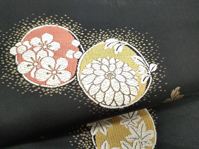 平和屋着物●九寸名古屋帯 唐織 草花丸文 黒地 金糸 正絹 逸品 CABJ5164hy