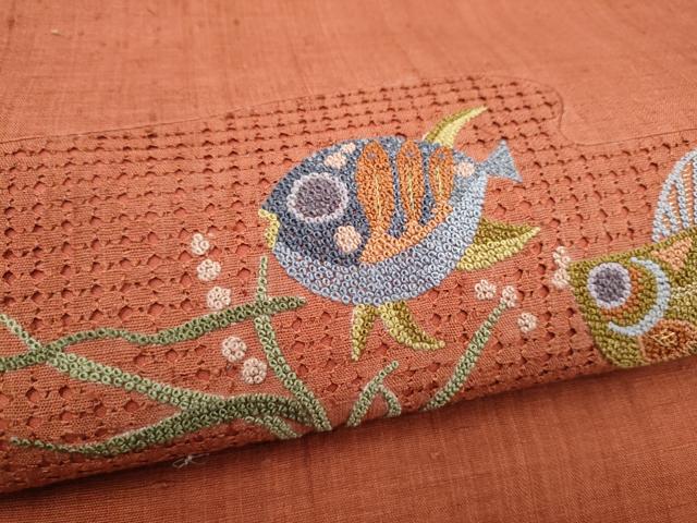 平和屋着物●中国三大刺繍 スワトウ相良刺繍 紬地 魚 金糸 名古屋帯 正絹 逸品 CABJ5171hy