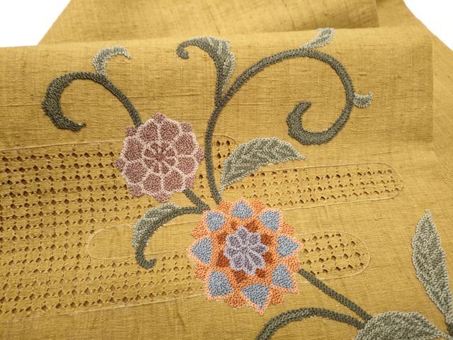 平和屋着物●中国三大刺繍 スワトウ相良刺繍 総刺繍 九寸名古屋帯 紬地 花唐草文 正絹 逸品 CABJ5172hy