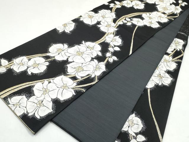 平和屋着物●六通柄袋帯 胡蝶蘭 黒地 銀通し地 正絹 逸品 CABJ5182hy