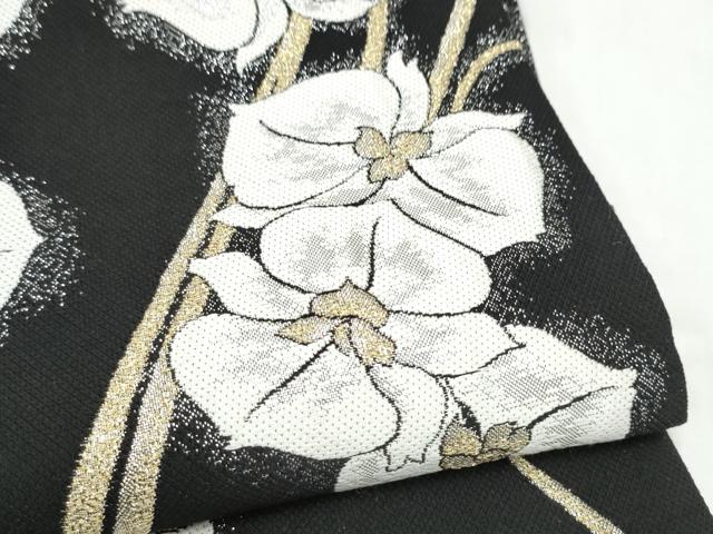 平和屋着物●六通柄袋帯 胡蝶蘭 黒地 銀通し地 正絹 逸品 CABJ5182hy