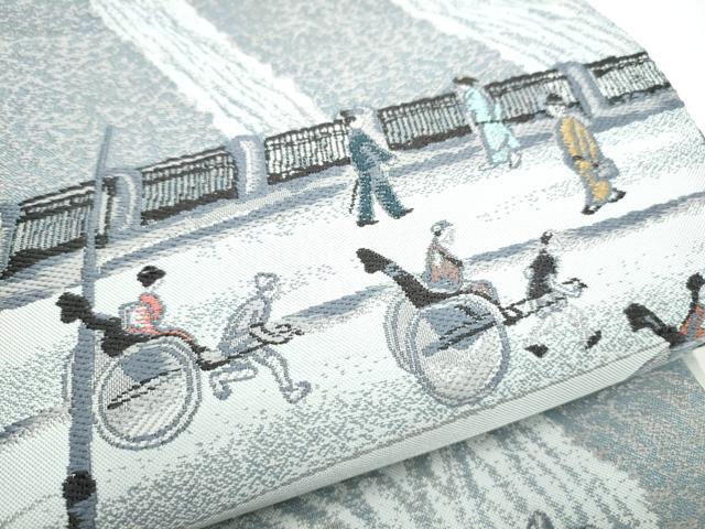 平和屋着物●六通柄袋帯 人物風景文 銀糸 正絹 逸品 CABJ5188hy