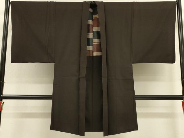 平和屋着物#男性 長羽織 紬地 憲法黒茶色 正絹 逸品 CABJ5436in