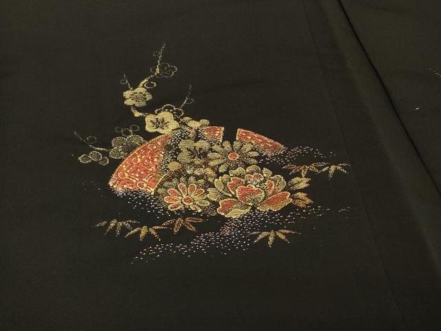 平和屋着物#羽織 寿光織 扇面草花文 黒地 金糸 正絹 逸品 CABJ5468in