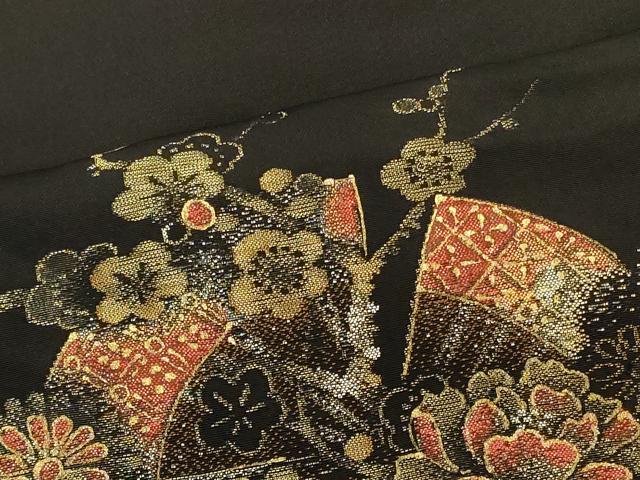平和屋着物#羽織 寿光織 扇面草花文 黒地 金糸 正絹 逸品 CABJ5468in