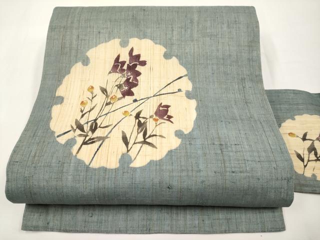 平和屋着物*夏物 九寸名古屋帯 型染め 雪輪枝花文 麻 逸品 CABJ5618tx