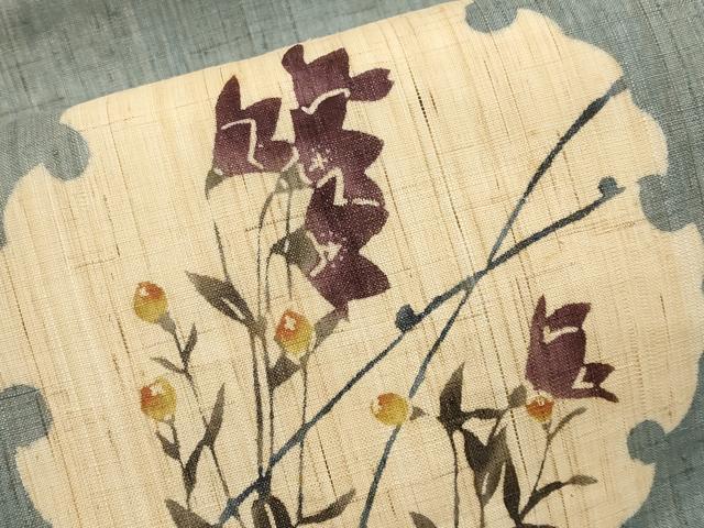 平和屋着物*夏物 九寸名古屋帯 型染め 雪輪枝花文 麻 逸品 CABJ5618tx