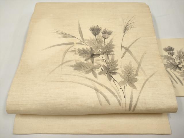 平和屋着物*夏物 九寸名古屋帯 手描き 草花文 麻 逸品 CABJ5622tx