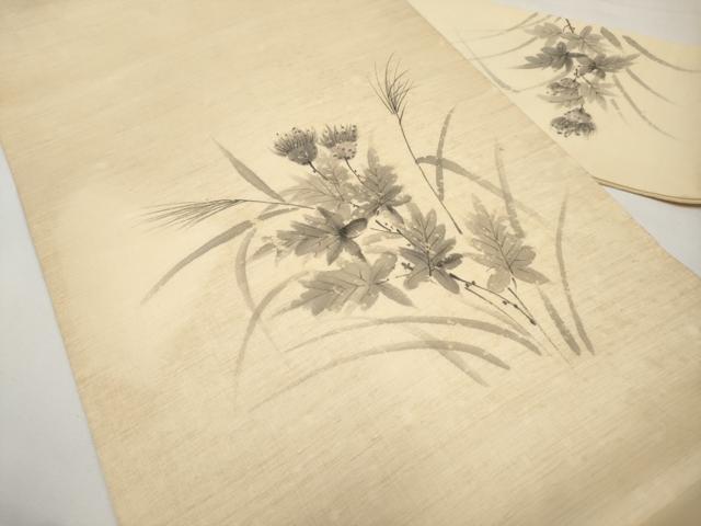 平和屋着物*夏物 九寸名古屋帯 手描き 草花文 麻 逸品 CABJ5622tx
