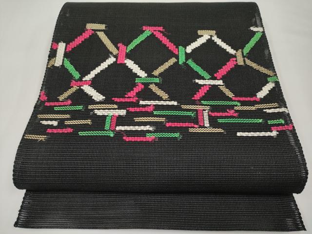 平和屋着物*夏物 八寸名古屋帯 菱繋ぎ 黒地 正絹 逸品 CABJ5625tx