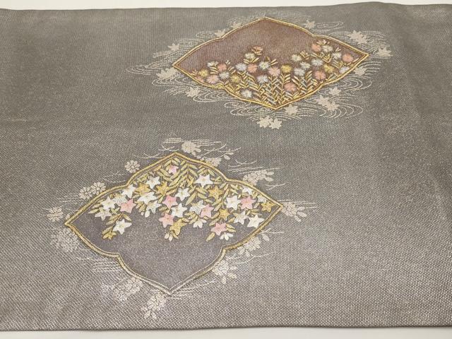 平和屋着物*夏物 太鼓柄袋帯 蘇州刺繍 草花文 金銀彩 三越扱い 正絹 逸品 CABJ5680tx