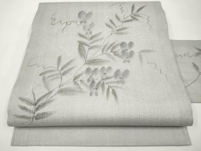 平和屋着物*夏物 九寸名古屋帯 作家物 手描き 枝花文 銀通し地 正絹 逸品 未使用 CABJ5761tx