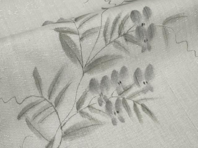 平和屋着物*夏物 九寸名古屋帯 作家物 手描き 枝花文 銀通し地 正絹 逸品 未使用 CABJ5761tx