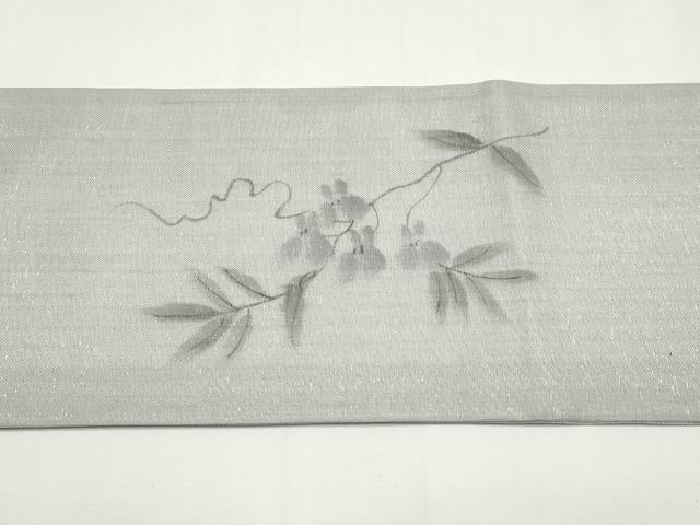 平和屋着物*夏物 九寸名古屋帯 作家物 手描き 枝花文 銀通し地 正絹 逸品 未使用 CABJ5761tx