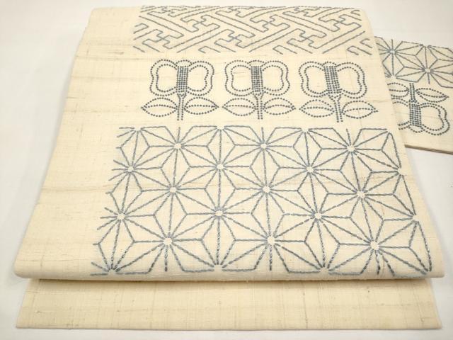 平和屋着物*夏物 中国三大刺繍 相良刺繍 刺し子 九寸名古屋帯 紬地 遠州椿 正絹 逸品 CABJ5762tx