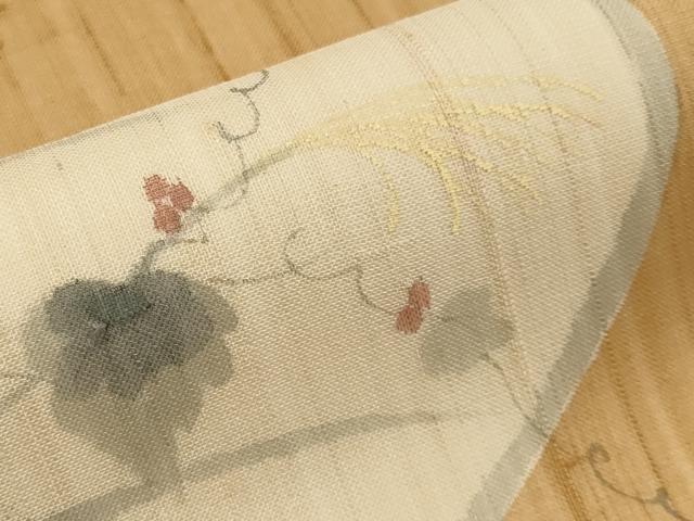 平和屋着物*夏物 九寸名古屋帯 手描き 紬地 トンボ 葡萄蔦の葉文 正絹 逸品 CABJ5771tx