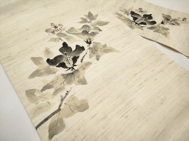 平和屋着物*夏物 九寸名古屋帯 手描き 枝花文 麻 逸品 CABJ5796tx