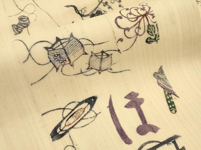 平和屋着物*夏物 九寸名古屋帯 型染め 紬地 いろは歌 正絹 逸品 未使用 CABJ5835tx