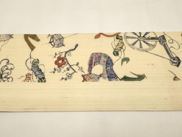 平和屋着物*夏物 九寸名古屋帯 型染め 紬地 いろは歌 正絹 逸品 未使用 CABJ5835tx