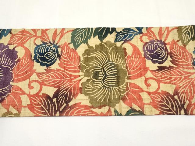 平和屋着物*夏物 全通柄 九寸名古屋帯 型染め 生紬 牡丹唐草文 正絹 逸品 未使用 CABJ5842tx