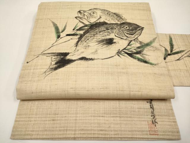 平和屋着物*夏物 九寸名古屋帯 作家物 手描き 紬地 魚 正絹 逸品 CABJ5844tx