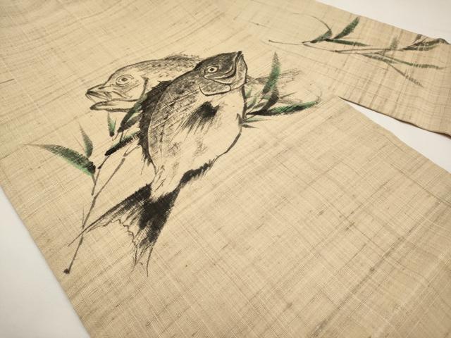 平和屋着物*夏物 九寸名古屋帯 作家物 手描き 紬地 魚 正絹 逸品 CABJ5844tx