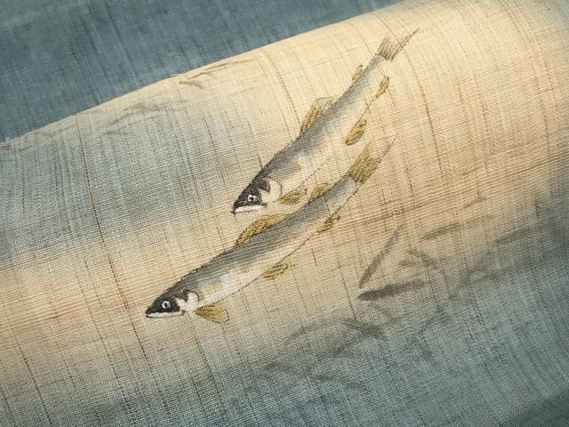 平和屋着物*夏物 染色作家 桐山紫香 手描き 九寸開き名古屋帯 鮎 麻 逸品 CABJ5853tx