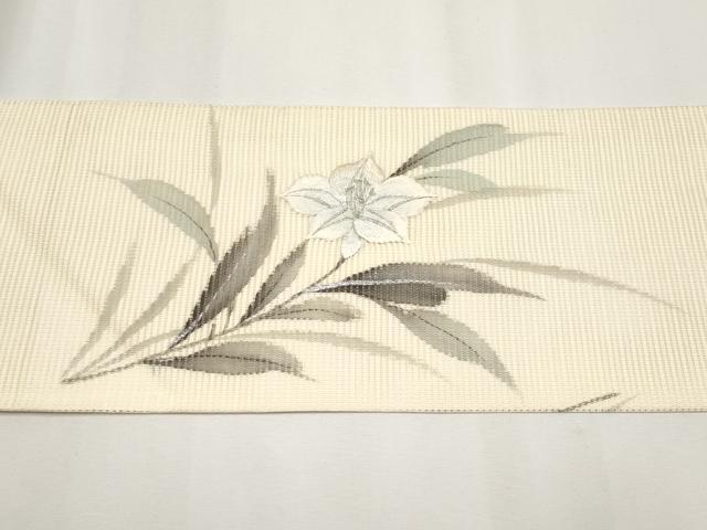 平和屋着物*夏物 九寸名古屋帯 作家物 手描き 刺繍 草花文 銀彩 正絹 逸品 CABJ5872tx