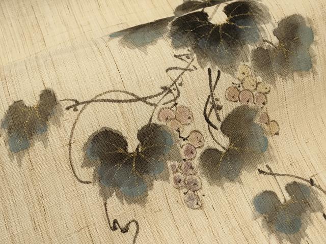 平和屋着物*夏物 染色作家 桐山紫香 手描き 九寸名古屋帯 葡萄蔦の葉文 金彩 麻 逸品 CABJ5888tx