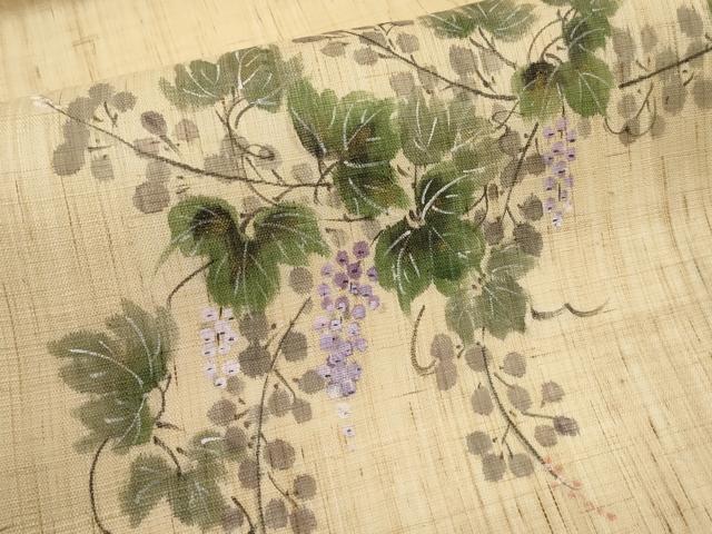 平和屋着物*夏物 九寸名古屋帯 作家物 手描き 葡萄蔦の葉文 金彩 麻 逸品 CABJ5891tx