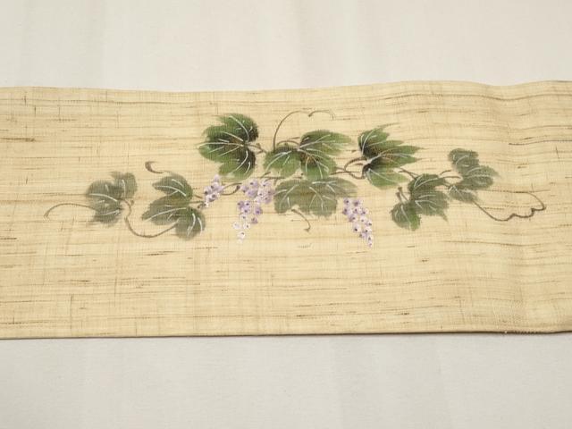 平和屋着物*夏物 九寸名古屋帯 作家物 手描き 葡萄蔦の葉文 金彩 麻 逸品 CABJ5891tx