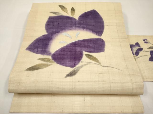 平和屋着物*夏物 九寸名古屋帯 手描き 紬地 桔梗 銀彩 正絹 逸品 CABJ5923tx