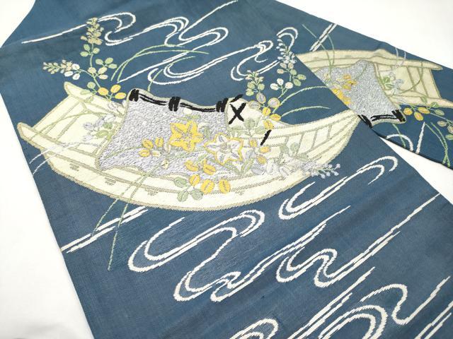 平和屋着物*夏物 アンティーク 大正ロマン 九寸名古屋帯 花舟文 銀糸 正絹 逸品 CABJ5994tx