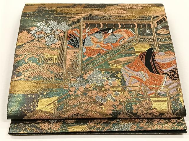 平和屋着物◎西陣 服部織物謹製 太鼓柄袋帯 平安絵巻文様 金銀糸 引箔 正絹 逸品 CABJ6003yk