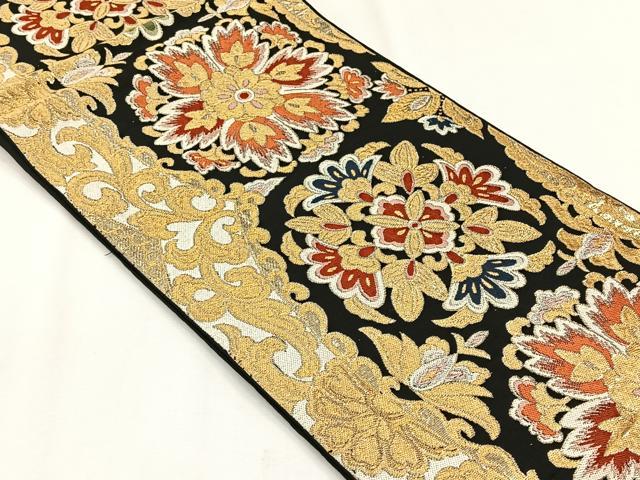 平和屋着物◎六通柄袋帯 更紗花文 黒地 金銀糸 正絹 逸品 CABJ6010yk