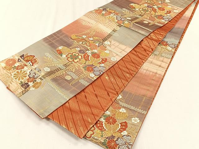平和屋着物◎両面 六通柄袋帯 花蝶文 金糸 正絹 逸品 CABJ6030yk