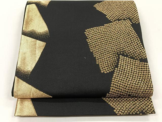 平和屋着物◎六通柄袋帯 色紙重ね文 黒地 金糸 正絹 逸品 CABJ6038yk