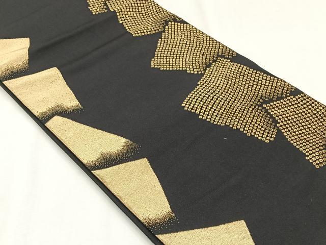 平和屋着物◎六通柄袋帯 色紙重ね文 黒地 金糸 正絹 逸品 CABJ6038yk