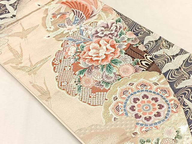平和屋着物◎六通柄袋帯 唐織 牡丹翔鶴文 金糸 正絹 逸品 CABJ6039yk