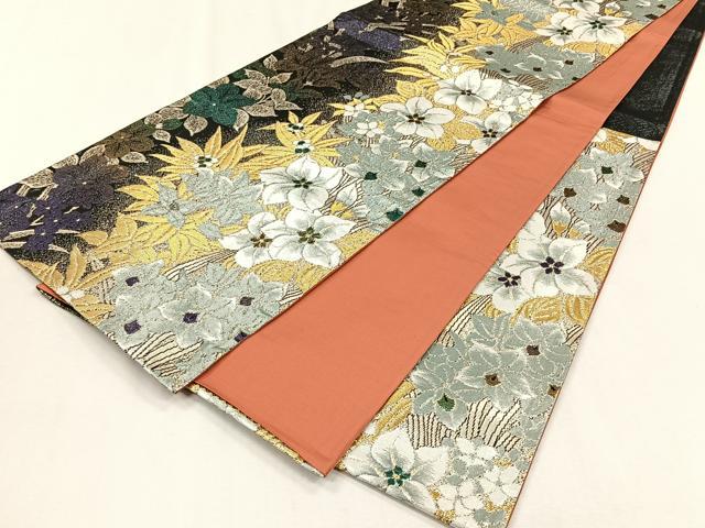 平和屋着物◎六通柄袋帯 舞花文 黒地 金糸 正絹 逸品 CABJ6053yk