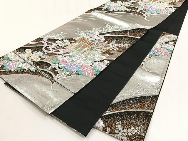 平和屋着物◎六通柄袋帯 御所車花文 黒地 金銀糸 正絹 逸品 CABJ6072yk