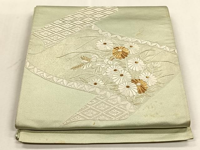 平和屋着物◎太鼓柄袋帯 総刺繍 蒔絵菊文 金糸 正絹 逸品 CABJ6075yk