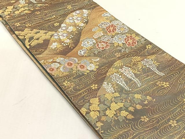 平和屋着物◎六通柄袋帯 流水草花文 金糸 正絹 逸品 CABJ6078yk